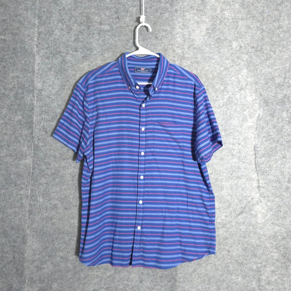 Vineyard Vines Shirt Mens L Blue Pink Striped Cotton Linen Stretch Short Sleeve